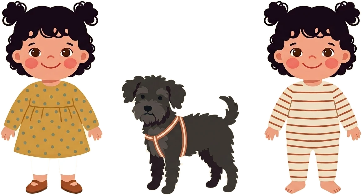 La protagonista del kit: una nena de rulos con colitas, en vestido y en pijama, junto a su perrita negra